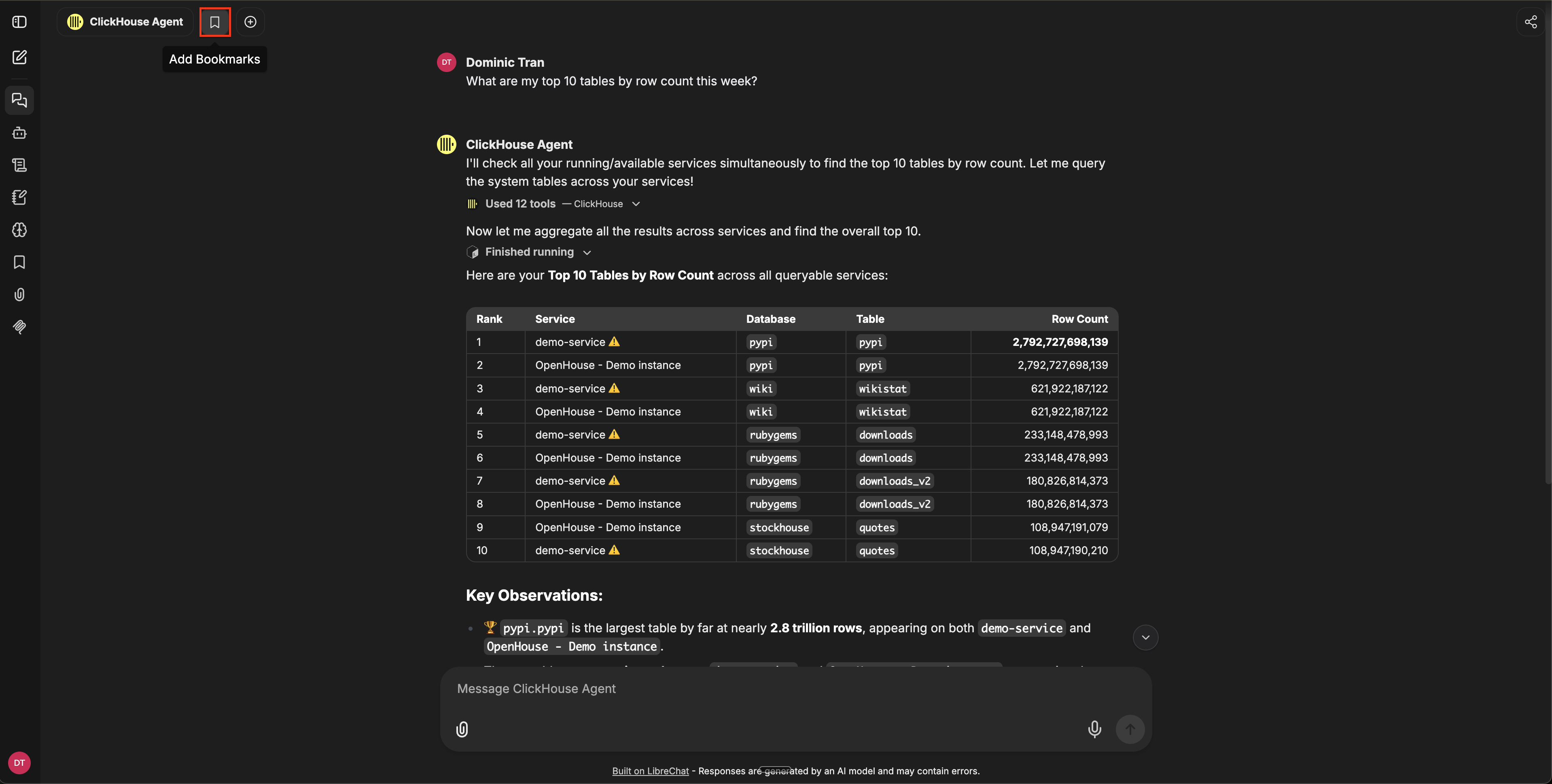 Chat header with the bookmark icon highlighted and an Add Bookmarks tooltip visible