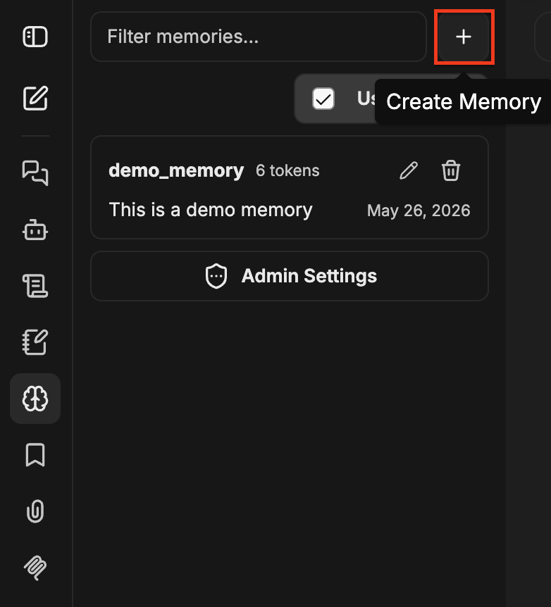 Memory panel with the Create Memory + button highlighted