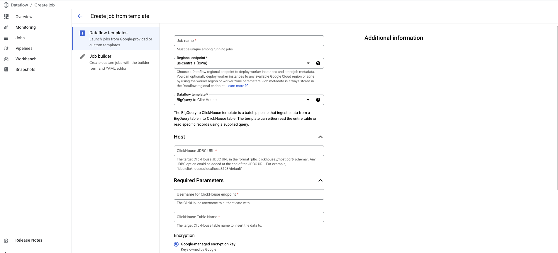 �Расширенная форма шаблона BigQuery to ClickHouse