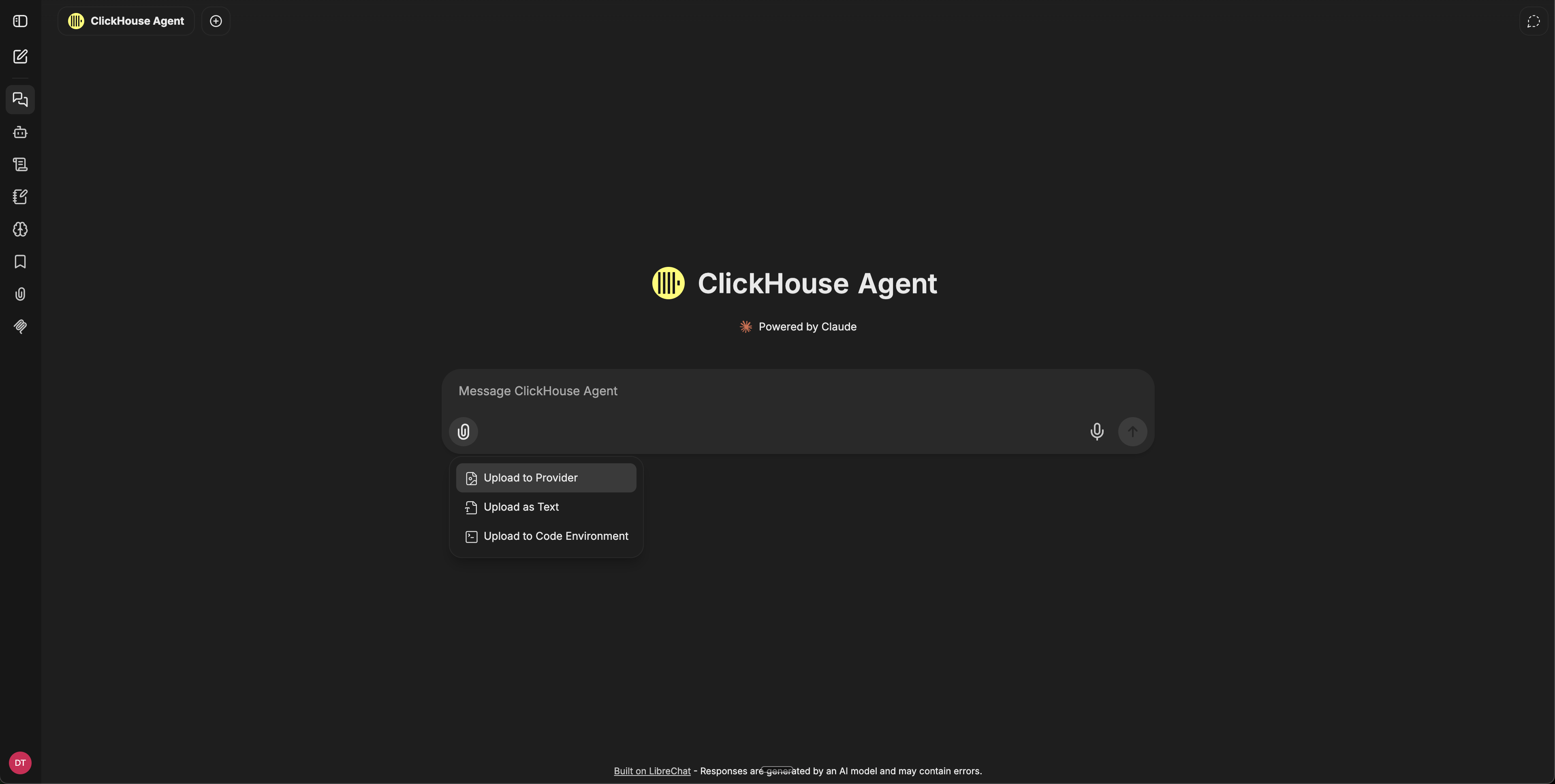 Message composer with the paperclip menu open showing Upload to Provider, Upload as Text, and Upload to Code Environment options